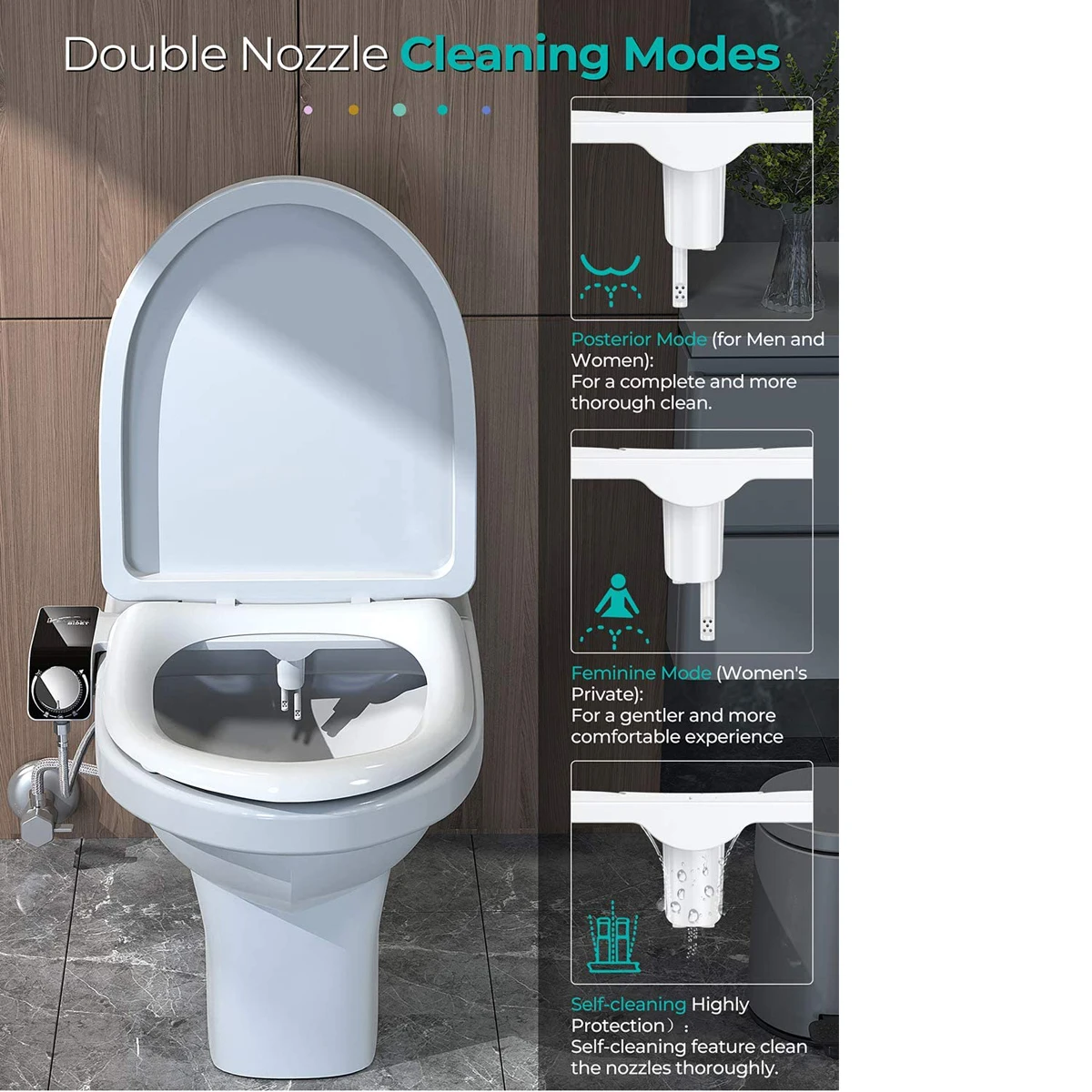 Accesorio para asiento de inodoro de bidé, boquillas dobles autolimpiantes no eléctricas, mezclador de agua fría y caliente, pulverizador de accesorios de baño para mujer - Imagen 17