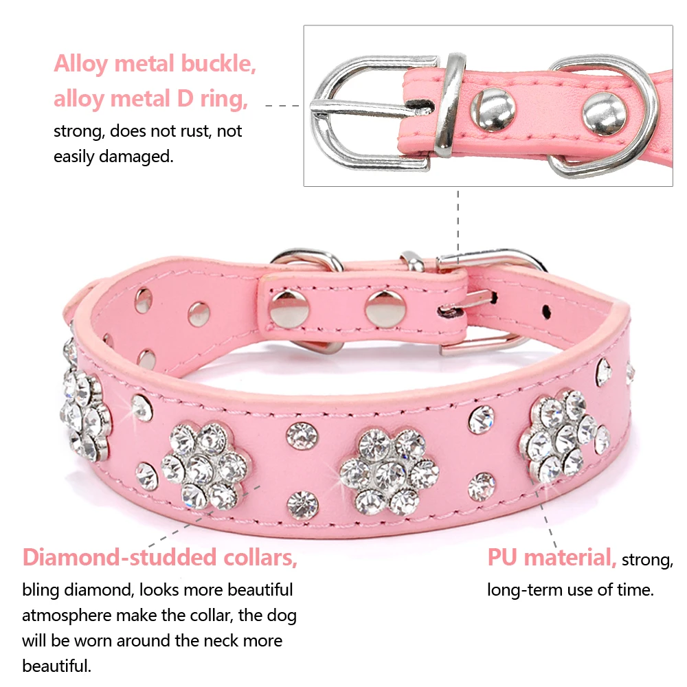 Collar de perro de mascota de cuero PU con diamantes de imitación, bonito para perros pequeños y medianos, Chihuahua - Imagen 2