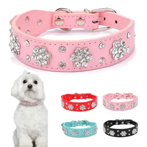 Collar de perro de mascota de cuero PU con diamantes de imitación, bonito para perros pequeños y medianos, Chihuahua