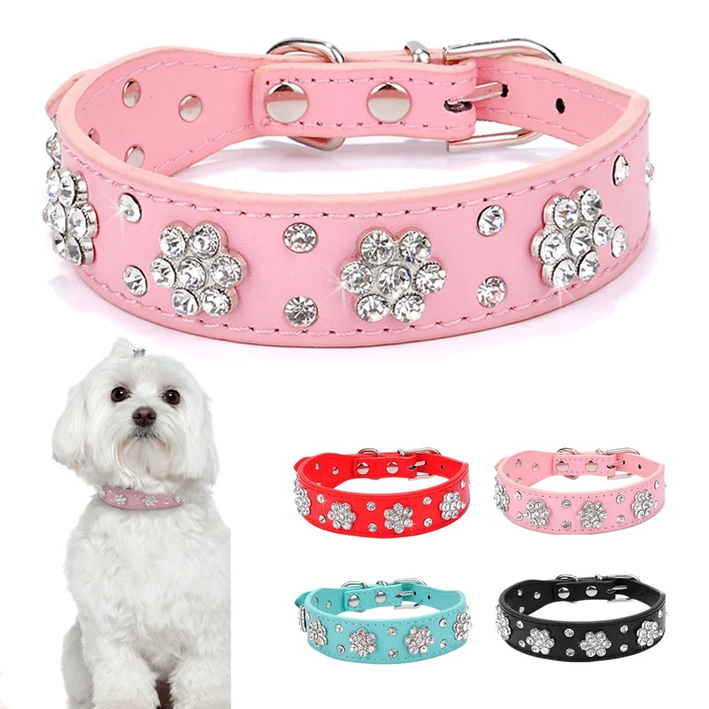 Collar de perro de mascota de cuero PU con diamantes de imitación, bonito para perros pequeños y medianos, Chihuahua