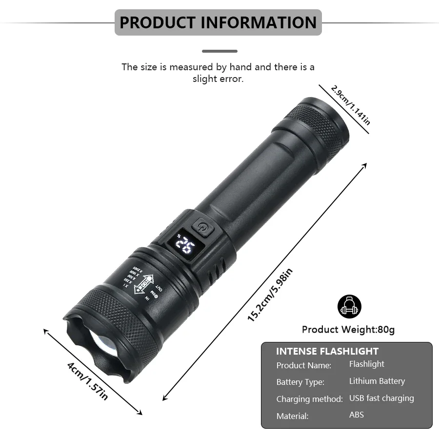Linternas Led de alta potencia y fuerte, linterna táctica de 2000LM con luz de pantalla, carga USB, Camping, pesca, linterna con Zoom de emergencia - Imagen 2