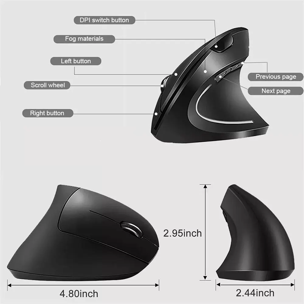 mouse óptico inalámbrico Vertical, periférico ergonómico de 2,4 GHz, 3 DPI ajustables 800/1200/1600, 6 botones para ordenador portátil, PC y de escritorio - Imagen 18