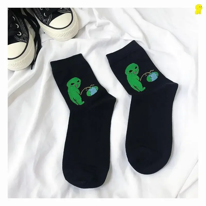 Calcetines de algodón transpirables con diseño de Alien Planet para mujer, calcetín Unisex de divertida caricatura de gato creativo, 1 par, Otoño e Invierno - Imagen 7