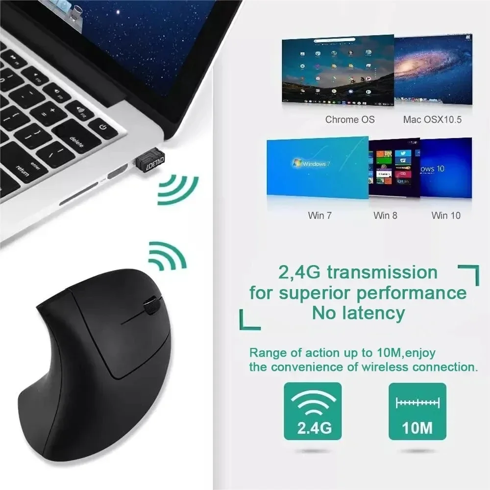 mouse óptico inalámbrico Vertical, periférico ergonómico de 2,4 GHz, 3 DPI ajustables 800/1200/1600, 6 botones para ordenador portátil, PC y de escritorio - Imagen 6