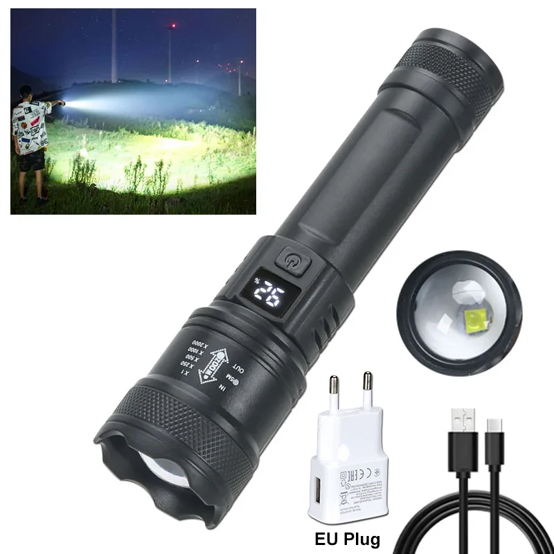 Linternas Led de alta potencia y fuerte, linterna táctica de 2000LM con luz de pantalla, carga USB, Camping, pesca, linterna con Zoom de emergencia - Imagen 7