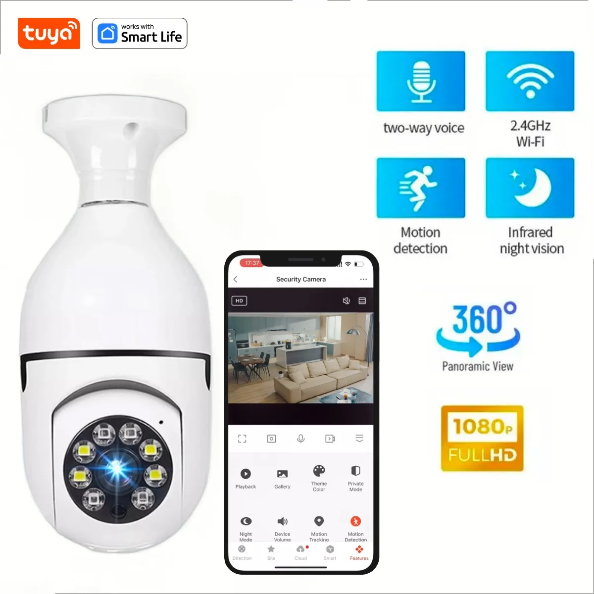 Cámara de vigilancia HD seguridad nocturna Video vigilancia Tuya Smart Home 2,4G E27 bombilla Wifi Supprt Audio bidireccional movimiento móvil - Imagen 4