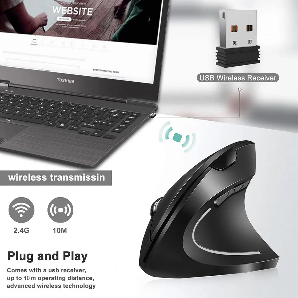 mouse óptico inalámbrico Vertical, periférico ergonómico de 2,4 GHz, 3 DPI ajustables 800/1200/1600, 6 botones para ordenador portátil, PC y de escritorio - Imagen 15