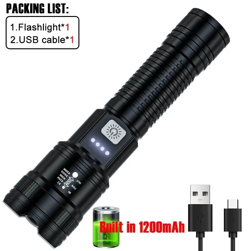 Linternas Led de alta potencia y fuerte, linterna táctica de 2000LM con luz de pantalla, carga USB, Camping, pesca, linterna con Zoom de emergencia - Imagen 9
