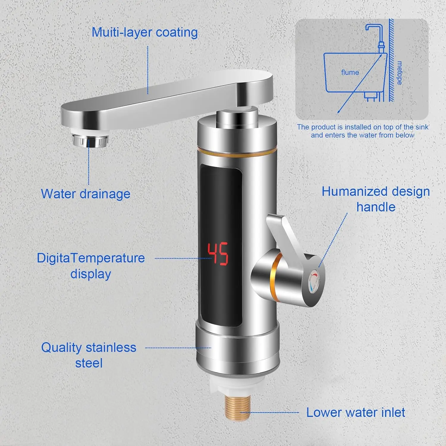Grifo / llave calentador instantáneo eléctrico, grifo calentador de agua sin tanque, grifo de agua caliente eléctrico, pantalla LCD de temperatura - Imagen 12