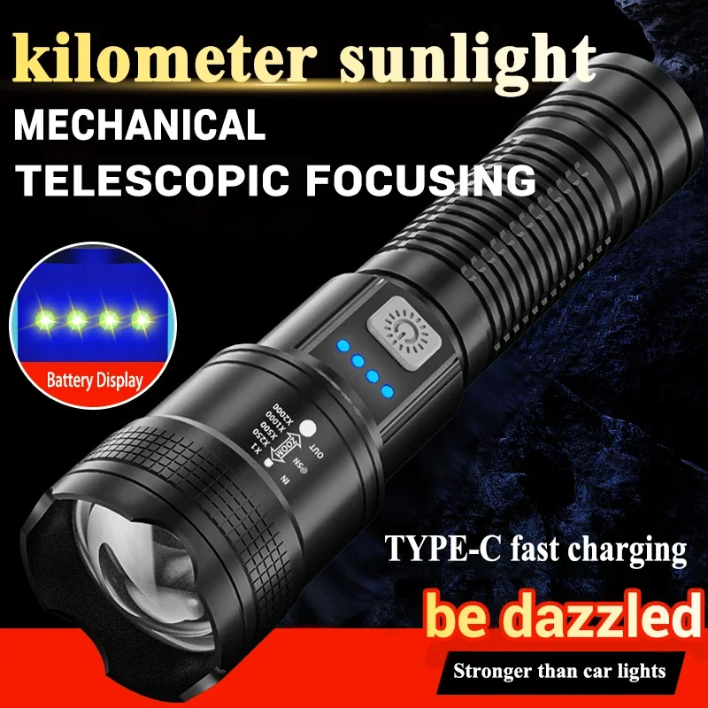 Linternas Led de alta potencia y fuerte, linterna táctica de 2000LM con luz de pantalla, carga USB, Camping, pesca, linterna con Zoom de emergencia - Imagen 11