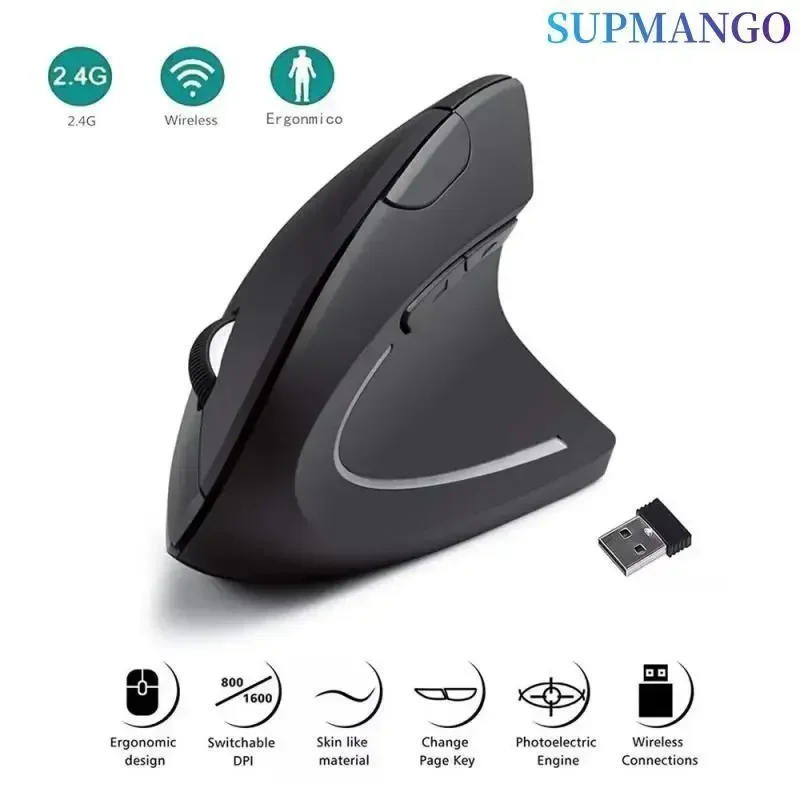 mouse óptico inalámbrico Vertical, periférico ergonómico de 2,4 GHz, 3 DPI ajustables 800/1200/1600, 6 botones para ordenador portátil, PC y de escritorio