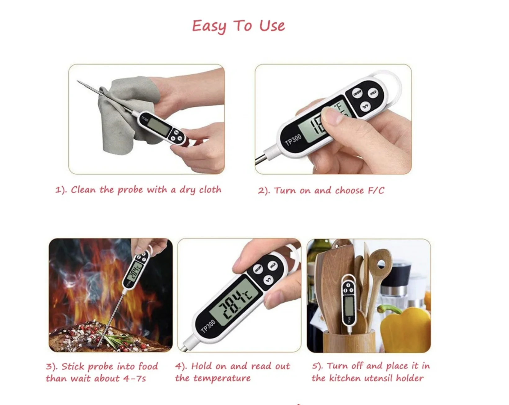 Tipo de sonda de acero inoxidable Termómetro de alimentos para el hogar Tipo de pluma Temperatura de leche Termómetro de alimentos para cocinar - Imagen 8