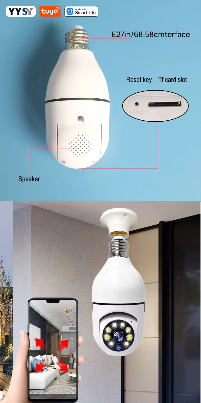 Cámara de vigilancia HD seguridad nocturna Video vigilancia Tuya Smart Home 2,4G E27 bombilla Wifi Supprt Audio bidireccional movimiento móvil - Imagen 6