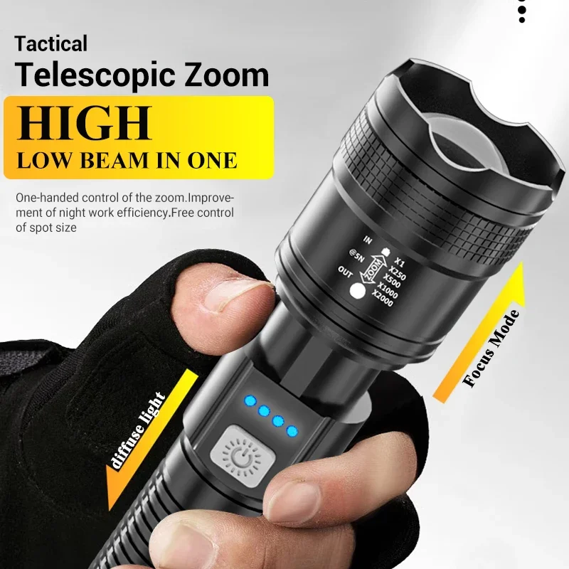 Linternas Led de alta potencia y fuerte, linterna táctica de 2000LM con luz de pantalla, carga USB, Camping, pesca, linterna con Zoom de emergencia - Imagen 16