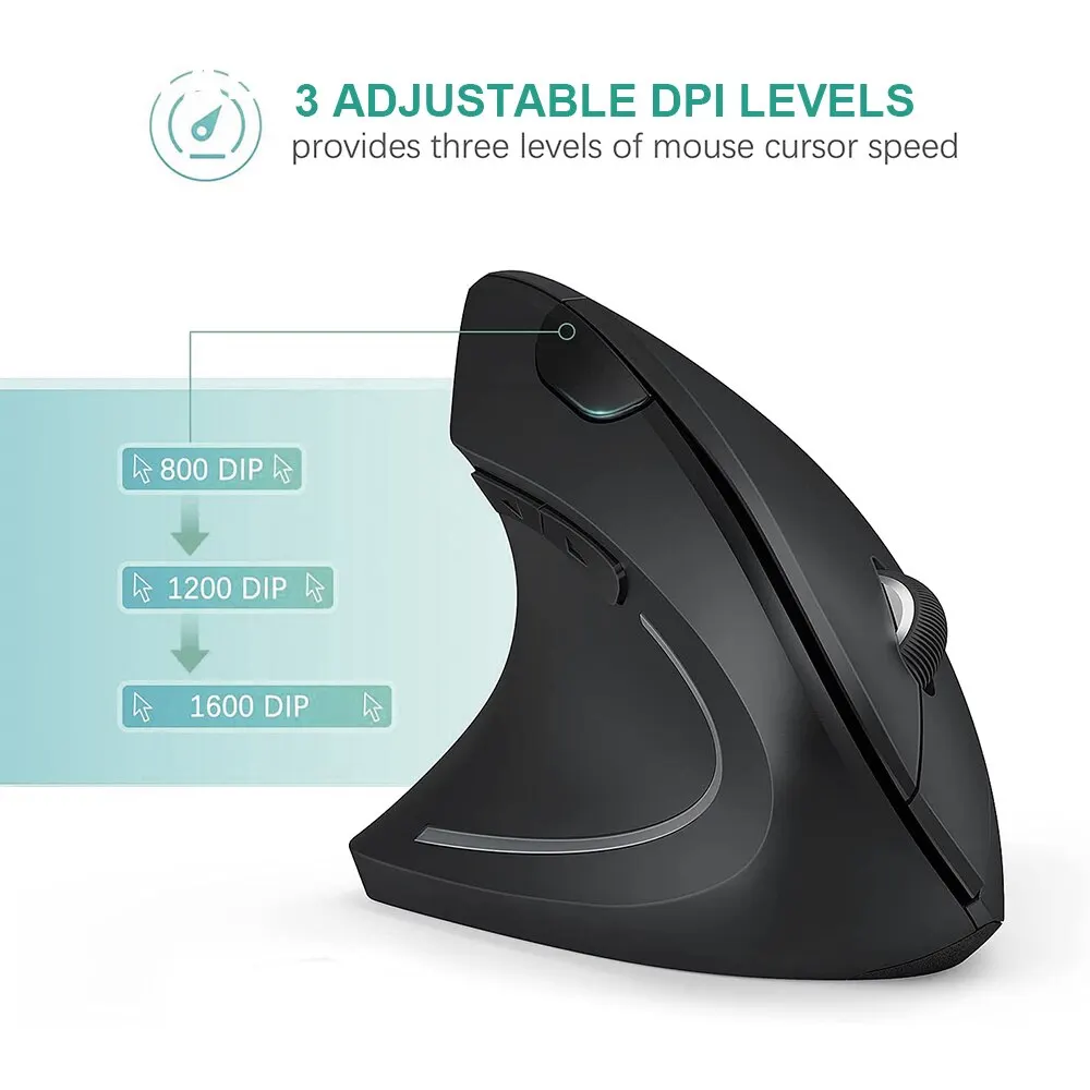 mouse óptico inalámbrico Vertical, periférico ergonómico de 2,4 GHz, 3 DPI ajustables 800/1200/1600, 6 botones para ordenador portátil, PC y de escritorio - Imagen 9
