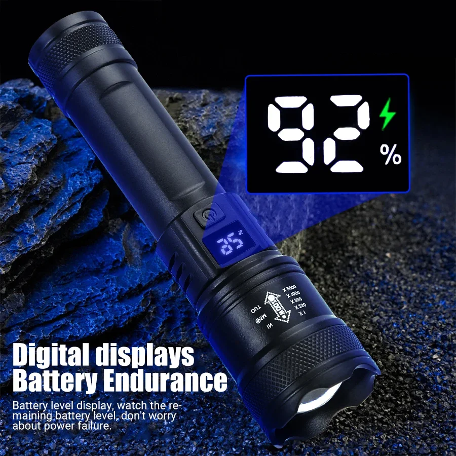 Linternas Led de alta potencia y fuerte, linterna táctica de 2000LM con luz de pantalla, carga USB, Camping, pesca, linterna con Zoom de emergencia - Imagen 5