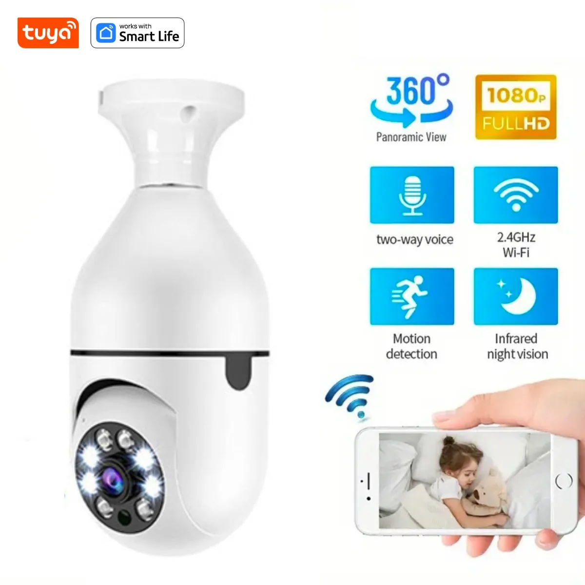 Cámara de vigilancia HD seguridad nocturna Video vigilancia Tuya Smart Home 2,4G E27 bombilla Wifi Supprt Audio bidireccional movimiento móvil