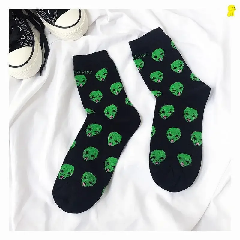 Calcetines de algodón transpirables con diseño de Alien Planet para mujer, calcetín Unisex de divertida caricatura de gato creativo, 1 par, Otoño e Invierno - Imagen 6