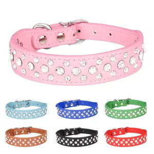 Collares para mascotas para perros pequeños, collares para mascotas, collares de PU con diamantes de imitación para perros y gatos, ajustables para evitar que los mascotas se pierdan