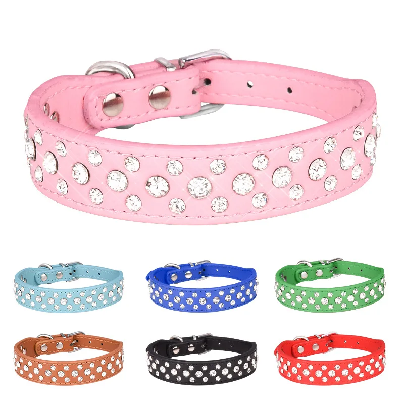 Collares para mascotas para perros pequeños, collares para mascotas, collares de PU con diamantes de imitación para perros y gatos, ajustables para evitar que los mascotas se pierdan