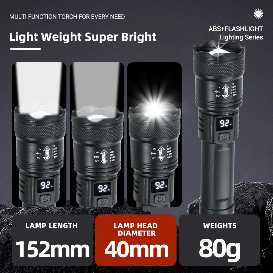 Linternas Led de alta potencia y fuerte, linterna táctica de 2000LM con luz de pantalla, carga USB, Camping, pesca, linterna con Zoom de emergencia - Imagen 4
