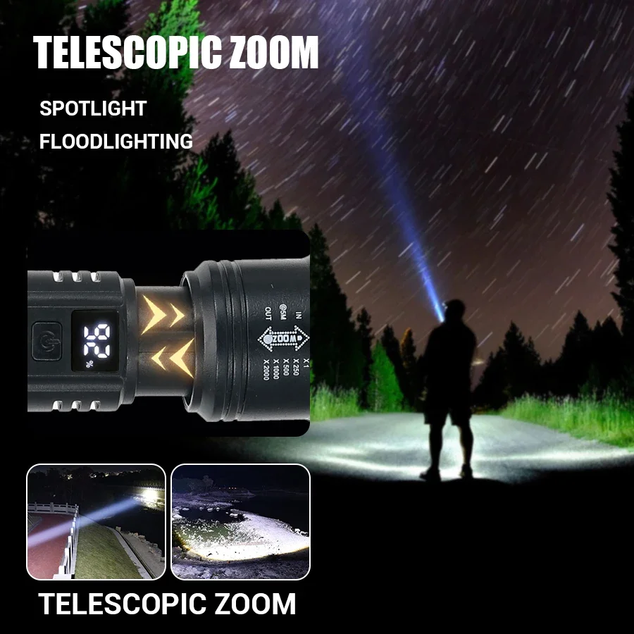 Linternas Led de alta potencia y fuerte, linterna táctica de 2000LM con luz de pantalla, carga USB, Camping, pesca, linterna con Zoom de emergencia - Imagen 6