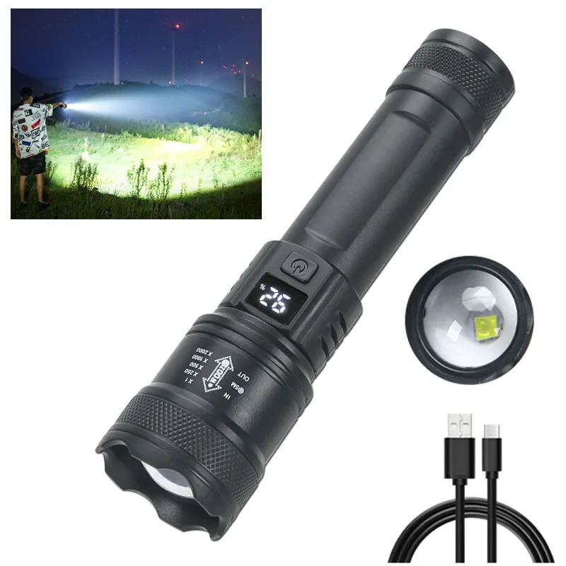 Linternas Led de alta potencia y fuerte, linterna táctica de 2000LM con luz de pantalla, carga USB, Camping, pesca, linterna con Zoom de emergencia - Imagen 8