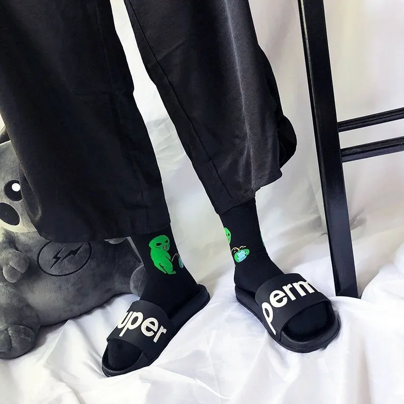 Calcetines de algodón transpirables con diseño de Alien Planet para mujer, calcetín Unisex de divertida caricatura de gato creativo, 1 par, Otoño e Invierno - Imagen 3